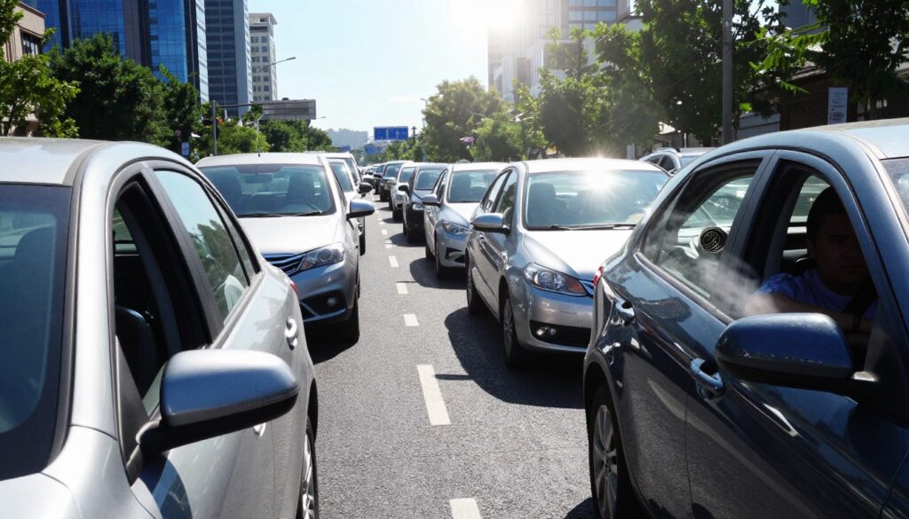 A busy urban scene depicting a traffic jam on a hot summer day, capturing the essence of "fuel consumption in a traffic jam" with cars lined up on a sun-drenched road. In the foreground, focus on a modern vehicle with its air conditioning unit visibly operating—cool air swirling inside, windows slightly fogged. The middle ground showcases a diverse group of vehicles, some with drivers looking frustrated, all under a bright blue sky with the sun harshly illuminating the scene. In the background, tall buildings shimmer in the heat, adding to the urban atmosphere. The lighting should convey the intensity of midday sun, casting defined shadows. Capture this moment from a slightly elevated angle to emphasize the congestion and heat of the environment, creating a mood of discomfort and urgency.