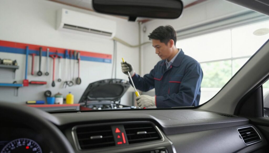 A car interior showcasing signs that air conditioning service is needed. In the foreground, a close-up of the dashboard displays warning lights illuminated, indicating low refrigerant levels, alongside a thermometer reading high cabin temperature. In the middle ground, a mechanic in smart business attire examines the air conditioning system with a tool, wearing safety gloves and focused on the task. The background features a well-lit workshop with tools organized on the wall and a bright, sunny day visible through a window, casting soft light across the scene. The mood is professional and informative, emphasizing the importance of car maintenance. The composition is captured at a slight angle for depth, highlighting the interaction between the mechanic and the vehicle.