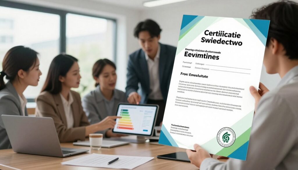 A clean and professional image of an energy certificate (świadectwo) displayed prominently in the foreground, with a modern office environment in the background. The certificate should feature recognizable elements like official stamps or seals, adorned with a subtle gradient of blue and green tones to suggest energy efficiency. In the middle of the composition, a diverse group of individuals in business attire are engaged in a discussion, pointing at a digital tablet displaying energy data or a certification application interface. Soft, natural lighting filters through a nearby window, creating a welcoming atmosphere. The angle is slightly elevated to capture both the certificate and the engaged individuals, emphasizing the process of obtaining the energy certificate online, step by step.