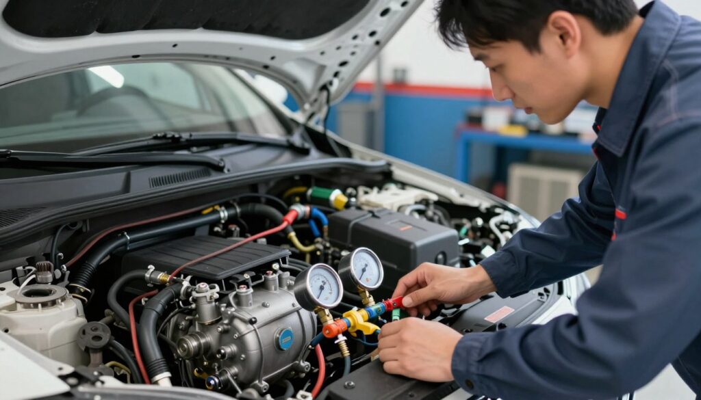 A close-up view of a car's air conditioning system, highlighting the refrigerant lines and pressure gauges. The foreground features a technician in professional business attire, inspecting the components with a focused expression. In the middle ground, display an open car hood, emphasizing the AC system with vivid colors and noticeable details, such as the compressor and hoses. In the background, a blurred image of a mechanic's garage adds context without distraction. The lighting is bright and industrial, creating a clear atmosphere for technical analysis, while shadows add depth to the scene. Capture an informative and serious mood that reflects the need for careful examination of vehicle air conditioning systems. A close-up view of a car's air conditioning system, highlighting the refrigerant lines and pressure gauges. The foreground features a technician in professional business attire, inspecting the components with a focused expression. In the middle ground, display an open car hood, emphasizing the AC system with vivid colors and noticeable details, such as the compressor and hoses. In the background, a blurred image of a mechanic's garage adds context without distraction. The lighting is bright and industrial, creating a clear atmosphere for technical analysis, while shadows add depth to the scene. Capture an informative and serious mood that reflects the need for careful examination of vehicle air conditioning systems.
