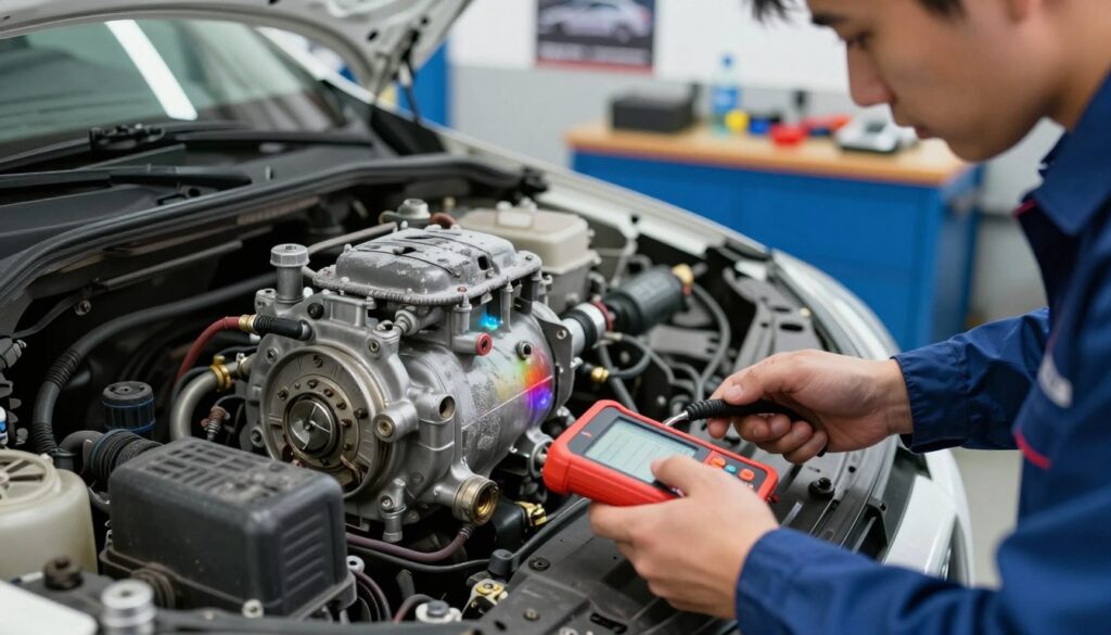 A close-up view of a car's air conditioning system showcasing symptoms of refrigerant loss. In the foreground, focus on a technician in professional attire inspecting the A/C unit, using diagnostic tools. In the middle ground, illustrate the A/C compressor with visible signs of leaks, such as frost or moisture, and colored dye for visual clarity. In the background, show a garage environment with tools on a workbench and auto repair posters. The lighting should be bright and well-lit, simulating a typical workshop ambiance, enhancing the focus on the A/C components. Capture a sense of urgency and professionalism typical in vehicle maintenance settings.