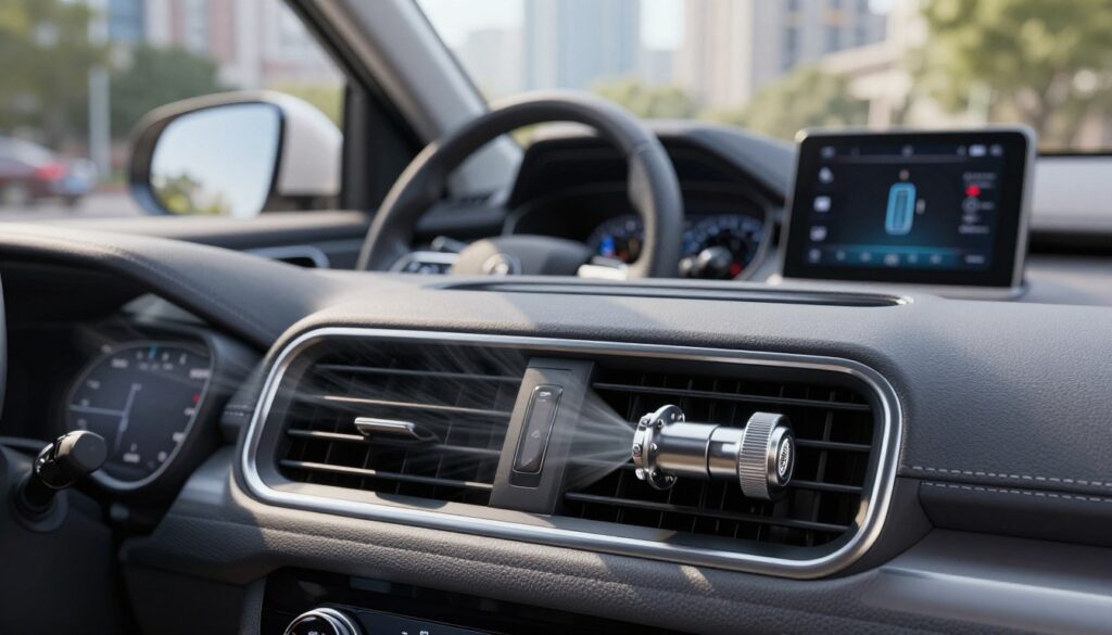 A close-up view of a car's air conditioning system, showcasing the intricate details of the air ducts, compressor, and vents. The foreground highlights the cooling vents inside a modern vehicle, emitting a cool breeze, while light subtly reflects off the metallic components, indicating their high-tech nature. In the middle ground, the dashboard of the car is visible, displaying digital climate controls, and the interior is designed with sleek, contemporary materials. The background shows a blurred view of a sunny city street through the car windows, suggesting a hot day. The lighting is bright and inviting, evoking a sense of comfort and clarity, while the overall mood remains professional and informative.
