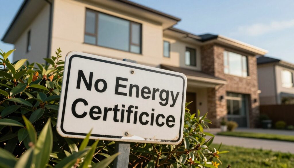 A close-up view of a residential home with a 'No Energy Certificate' sign prominently displayed on the front yard. In the foreground, the sign is visibly weathered, surrounded by lush greenery, and partially obscured by bushes, emphasizing its importance. In the middle ground, the house is depicted in a modern architectural style, with large windows reflecting natural light. The background features a clear blue sky, giving a sense of openness. The lighting is warm and inviting, creating a serene yet slightly tense atmosphere, hinting at the implications of selling a home without an energy certificate. The angle is slightly tilted, adding a dynamic perspective which engages the viewer.