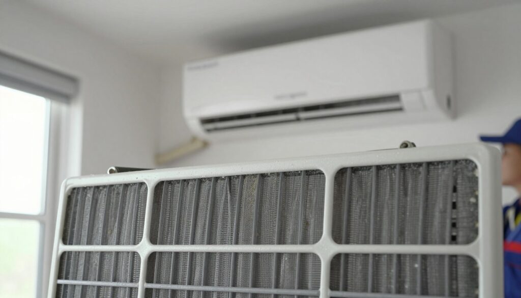 A close-up view of an air conditioning filter, highlighting its intricate mesh structure, dirt buildup, and natural light filtering through from a nearby window. In the background, a neatly organized room showcases a modern air conditioning unit mounted on the wall, with subtle condensation droplets forming on its surface. Soft, diffused lighting creates a calm and clean atmosphere, emphasizing the importance of air quality. Include a faint outline of a service technician in the distance, wearing professional attire, checking the unit, symbolizing maintenance and care. The overall mood conveys the balance between comfort and healthy air, focusing on cleanliness and efficient operation.