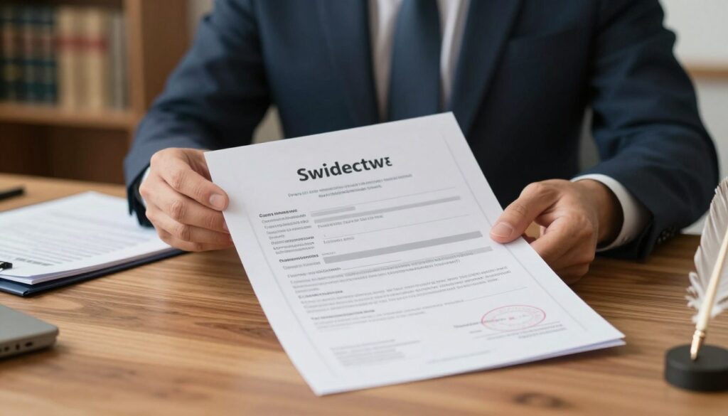 A close-up view of an official energy certificate ("świadectwo") prominently displayed on a wooden desk, surrounded by essential documents and a quill pen. In the background, a professional-looking person in business attire is sitting at a desk, reviewing the certificate with focused attention. Soft, warm lighting illuminates the scene, creating an inviting and serious atmosphere. A blurred bookshelf with legal books is visible behind the individual, indicating a professional setting. The image should evoke a sense of responsibility and diligence associated with property ownership, along with the responsibilities that come with transactions. The angle should capture the desk and certificate in detail, with the professional in slightly out-of-focus to emphasize the importance of the document.