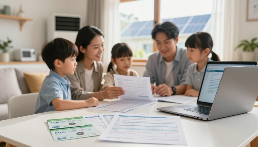 A cozy and inviting domestic setting illustrating energy vouchers for households. In the foreground, focus on a neatly arranged table displaying energy vouchers and household energy bills, with a laptop open, showing a list of instructions for application. In the middle ground, a family of four—dressed in professional business attire—discusses the documents required for the energy voucher. In the background, a bright and warm-lit living room with energy-efficient appliances and solar panels visible through a window, conveying a sense of modern sustainability. The sunlight softly filters in, creating a hopeful and positive atmosphere, symbolizing energy savings and eco-friendly living. Capture this scene with a soft-focus lens, highlighting the family’s engaged expressions and the organized paperwork.