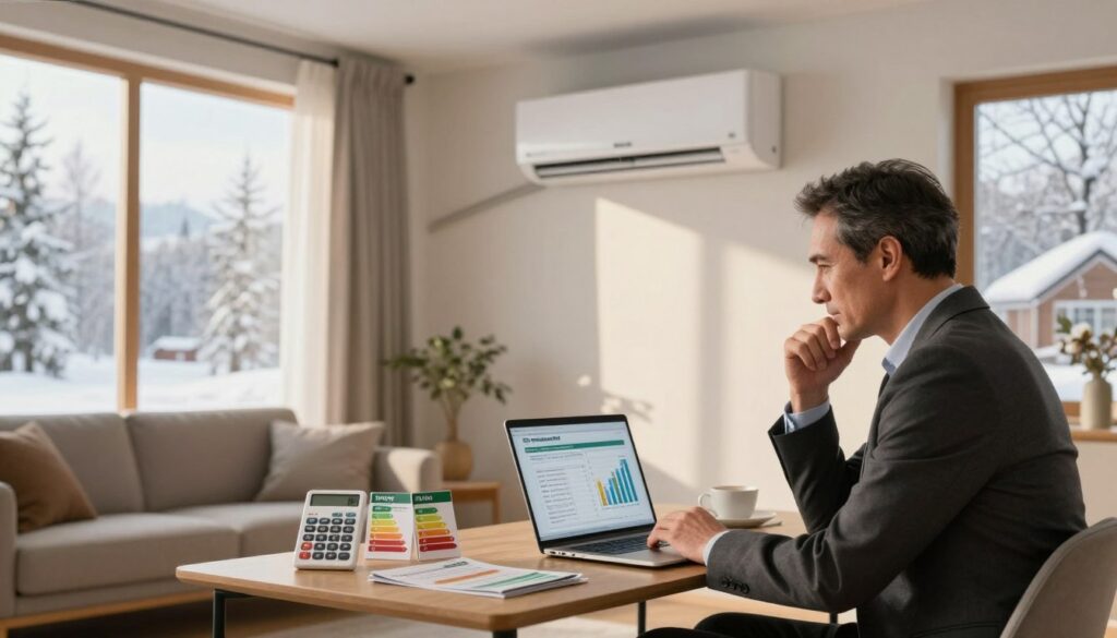 A cozy living room scene featuring a modern, energy-efficient air conditioning unit mounted on the wall, illustrating the concept of heating costs in homes. In the foreground, a well-dressed professional, a middle-aged man, sits comfortably at a small desk with a laptop open, analyzing heating bills and energy consumption graphs. The middle ground showcases a coffee table with heating cost calculators and brochures on energy efficiency. In the background, large windows let in warm, natural light, revealing a snowy landscape, reflecting winter heating needs. Soft lighting creates a warm and inviting atmosphere, emphasizing the importance of understanding heating costs. The composition is balanced, with a focus on the professional's thoughtful expression and the air conditioning unit, symbolizing modern heating solutions in residential settings.