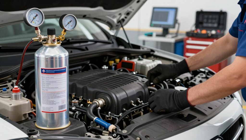 A detailed and technical illustration of refrigerant for car air conditioning systems. In the foreground, focus on a clear, well-labeled canister of refrigerant with a metallic finish, showcasing the important details like pressure gauges and safety instructions. In the middle ground, depict a mechanic's hands in professional gloves engaging with the air conditioning unit under the hood of a car, surrounded by various tools and equipment, all brightly lit to emphasize the technical environment. In the background, include a slightly blurred view of a modern garage with diagnostic equipment and an open toolbox, casting soft shadows to create an atmosphere of precision and professionalism. Use bright, natural lighting to reflect a sense of clarity and focus on the task at hand.