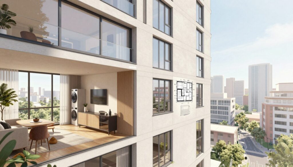 A detailed architectural illustration of a building segment, showcasing an apartment or commercial space in a modern urban setting. The foreground captures intricate details of a well-designed apartment interior, including furniture, window views with natural light streaming in, and energy-efficient appliances. The middle ground should display a clear layout of the building’s structure—walls, windows, and floor plans, emphasizing energy efficiency features. In the background, incorporate a contemporary cityscape to add context. Use soft, natural lighting to create a welcoming atmosphere, with a focus on the harmonious blend of functionality and design. The perspective should be slightly angled to provide depth, ideally mimicking a professional architectural presentation. A detailed architectural illustration of a building segment, showcasing an apartment or commercial space in a modern urban setting. The foreground captures intricate details of a well-designed apartment interior, including furniture, window views with natural light streaming in, and energy-efficient appliances. The middle ground should display a clear layout of the building’s structure—walls, windows, and floor plans, emphasizing energy efficiency features. In the background, incorporate a contemporary cityscape to add context. Use soft, natural lighting to create a welcoming atmosphere, with a focus on the harmonious blend of functionality and design. The perspective should be slightly angled to provide depth, ideally mimicking a professional architectural presentation.