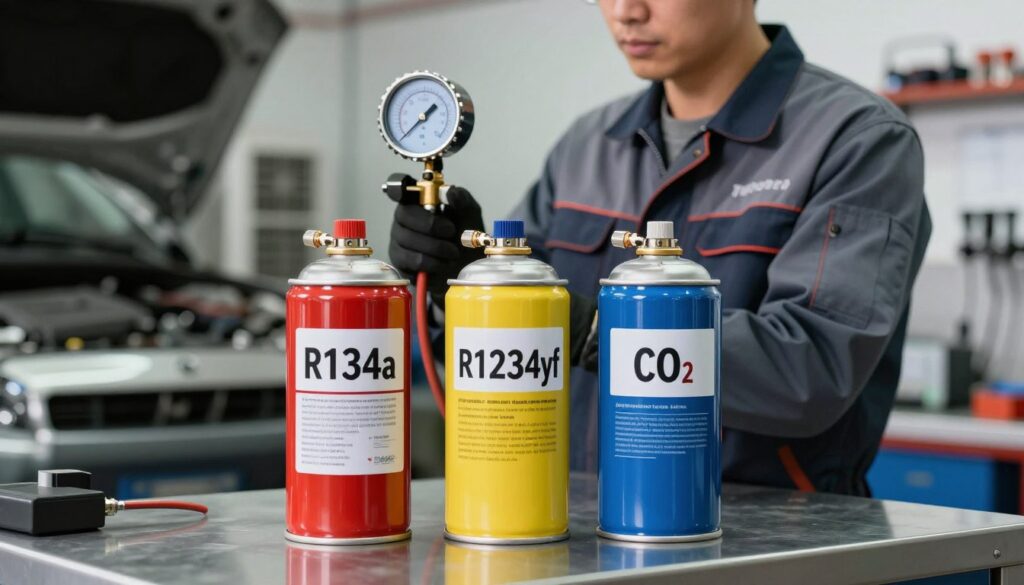 A detailed close-up of automotive refrigerants, showcasing three distinct types: R134a, R1234yf, and CO2. The foreground features vibrant, labeled canisters of refrigerants with varying colors, positioned on a polished workshop counter. In the middle, a mechanic in professional attire holds a pressure gauge, intently inspecting the refrigerant canisters. The background includes a blurred view of a well-organized automotive repair shop, with tools and air conditioning units subtly visible. Soft, diffused lighting illuminates the scene, enhancing the focus on the refrigerants while creating a professional atmosphere. The composition conveys a sense of expertise and diligence in the field of automotive air conditioning.