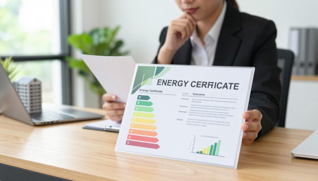 A detailed energy certificate, symbolizing compliance and regulation, prominently displayed on a wooden desk. In the foreground, the certificate features a clear layout with various energy efficiency ratings and colorful graphs, emphasizing its importance in building regulations. In the middle, a person in professional business attire examines the certificate, looking contemplative and engaged with the document, highlighting the significance of understanding energy certificates and their requirements. The background showcases a bright, modern office setting with large windows letting in natural light, lush green plants, and building models, creating a positive and professional atmosphere. The image should capture a sense of seriousness and responsibility towards energy efficiency, with soft lighting to enhance clarity and focus on the certificate.