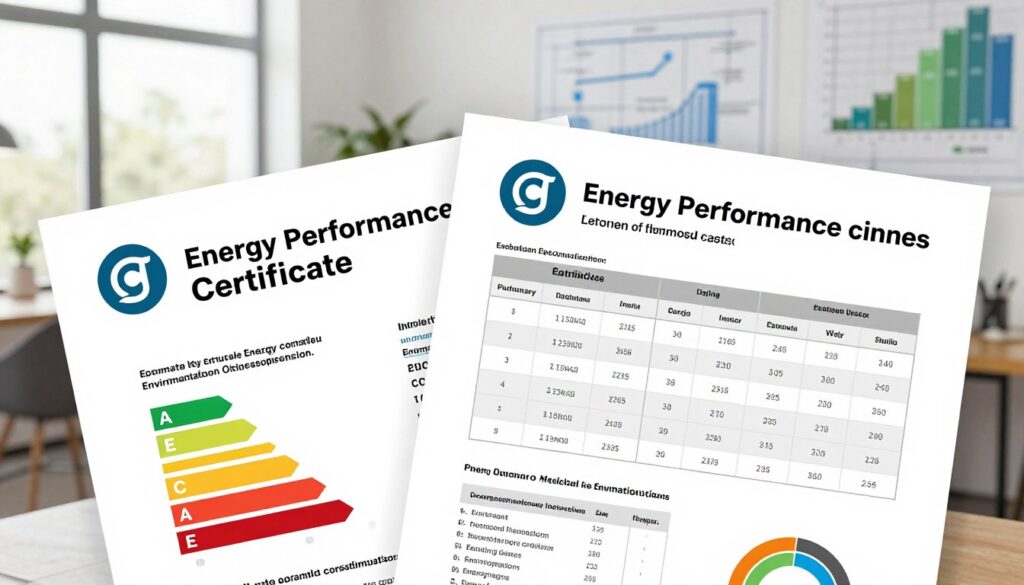 A detailed, high-resolution illustration of an energy performance certificate, showcasing technical data relevant to calculations. In the foreground, highlight sections displaying key metrics like energy efficiency ratings, estimated energy costs, and environmental impact. The middle ground features organized tables and graphs, providing a clear visual of the statistics involved in energy assessments. The background should include a soft-focus glimpse of an architect's office, adorned with blueprints and energy models, creating a professional atmosphere. The lighting is bright, emulating daylight streaming through a window, which enhances the clarity of the information presented. The overall mood conveys precision, reliability, and professionalism, suitable for educational purposes. A detailed, high-resolution illustration of an energy performance certificate, showcasing technical data relevant to calculations. In the foreground, highlight sections displaying key metrics like energy efficiency ratings, estimated energy costs, and environmental impact. The middle ground features organized tables and graphs, providing a clear visual of the statistics involved in energy assessments. The background should include a soft-focus glimpse of an architect's office, adorned with blueprints and energy models, creating a professional atmosphere. The lighting is bright, emulating daylight streaming through a window, which enhances the clarity of the information presented. The overall mood conveys precision, reliability, and professionalism, suitable for educational purposes.
