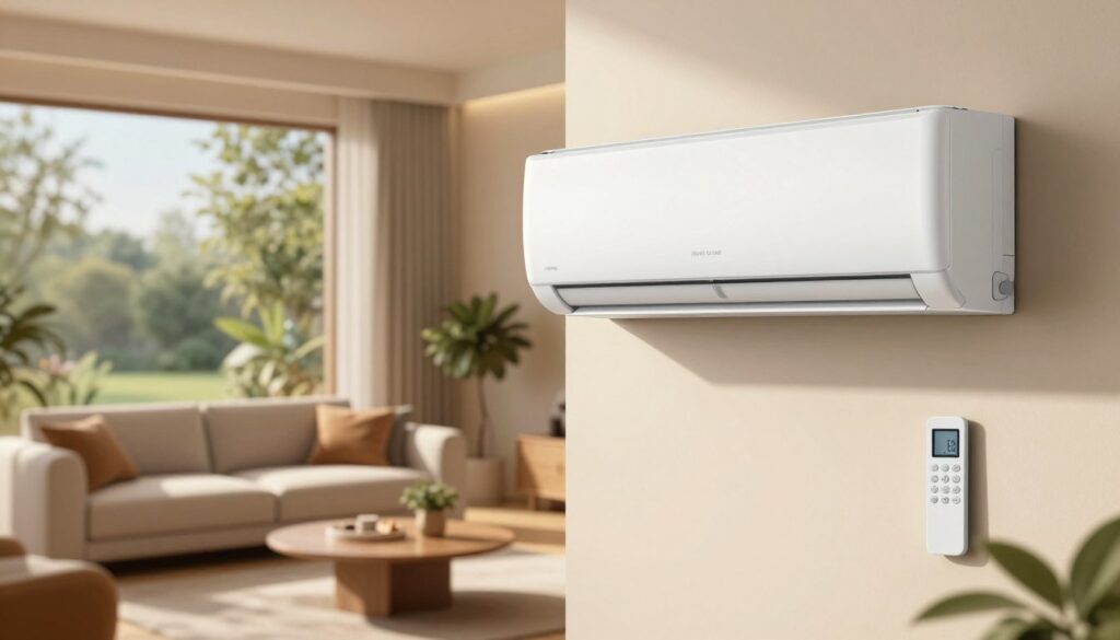 A detailed illustration of a split air conditioning system in a modern living room setting. In the foreground, the sleek indoor unit is mounted on the wall, showcasing its minimalist design, complete with a remote control and a digital thermostat display. The middle of the image features a stylish sofa and a coffee table, accentuating a cozy and inviting atmosphere. Light streams in through a window, casting soft shadows and highlighting the comfort of the space. In the background, a window with a view of a lush garden adds a touch of nature, suggesting the system's efficient cooling capabilities. The lighting is warm and inviting, creating a peaceful ambiance, while the angle captures the room's layout elegantly. Overall, the mood is harmonious and contemporary, reflecting modern living spaces.