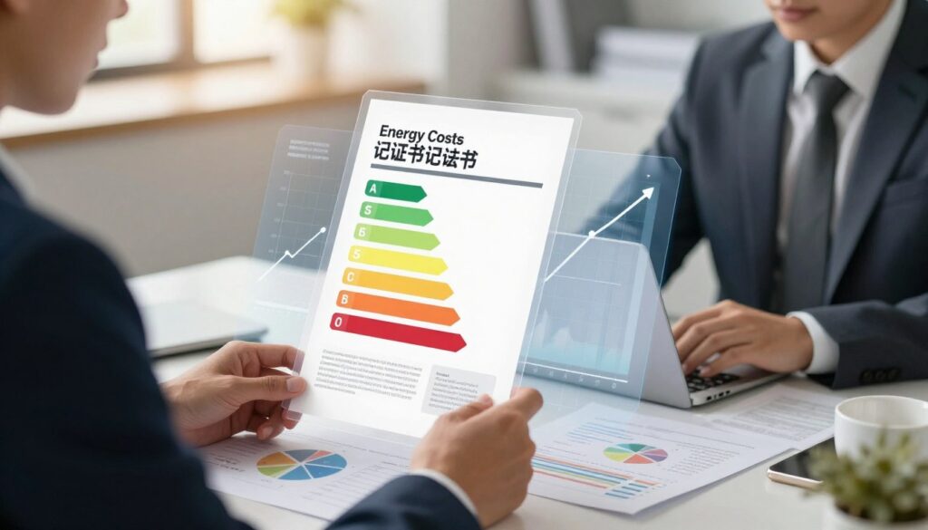 A detailed illustration of additional costs related to energy performance certificates. In the foreground, a professional businessperson in a suit analyzes documents on a desk, filled with charts and spreadsheets showing rising expenses. The middle of the image features a large, partially transparent energy efficiency certificate, symbolizing its significance, surrounded by financial graphs depicting cost increases. The background includes a modern office environment with soft, warm lighting, emphasizing a focused yet contemplative atmosphere. The scene is viewed from a slightly elevated angle, giving a comprehensive view of the setting. The overall mood is serious and analytical, portraying the complexities of additional costs in energy certification without any text or distractions.