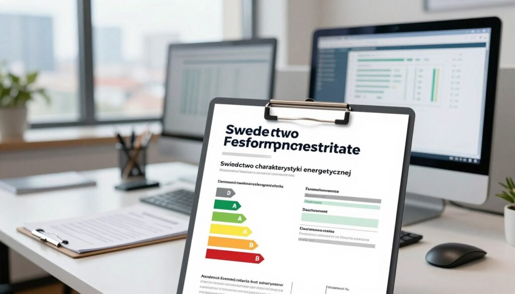 A detailed illustration of an energy performance certificate (świadectwo charakterystyki energetycznej) displayed prominently in the foreground, featuring a clear layout with professional graphics and energy efficiency ratings. In the middle layer, show an office environment with a modern desk, a computer showing energy auditing software, and a clipboard with energy assessment documents. In the background, depict a window overlooking a cityscape to suggest an urban setting. Use bright, natural lighting to create a productive and professional atmosphere, ensuring sharp focus on the certificate while softly blurring the surroundings. The overall mood should be informative and focused, reflecting the importance of energy audits in building management. No text, logos, or watermarks should be present.