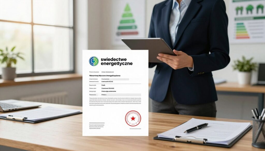 A detailed illustration of an energy performance certificate (świadectwo energetyczne) displayed prominently in a modern office setting. In the foreground, the certificate is placed on a sleek wooden desk, surrounded by a clipboard, a pen, and relevant building documents. In the middle ground, a professional energy auditor, dressed in business attire, studies the certificate closely, holding a digital tablet with energy performance metrics displayed. Natural light filters through a large window in the background, creating a warm, inviting atmosphere that emphasizes professionalism. The background features a well-organized office space with energy efficiency posters and plants, highlighting the importance of energy assessment in real estate. The overall mood is efficient and informative, conveying the process of obtaining energy certificates prior to property sale.