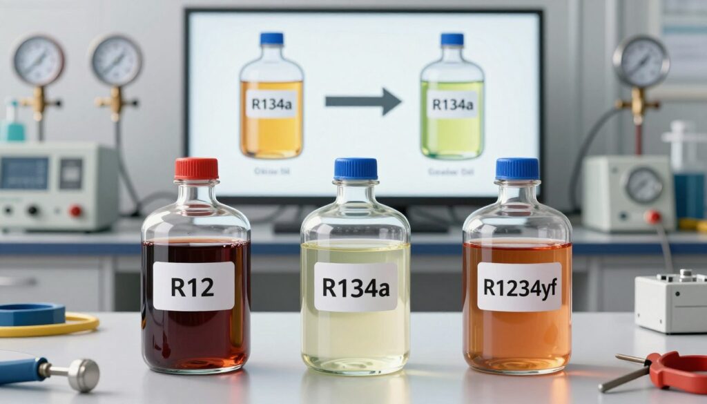 A detailed illustration of refrigerants R12, R134a, and R1234yf presented in an educational context. In the foreground, clear glass containers filled with each refrigerant, labeled subtly without text, showcasing their distinct colors and properties. In the middle ground, an infographic style presentation featuring matching oil types separated by arrows for clarity. The background consists of a technical lab environment with instruments like pressure gauges, thermometers, and tools neatly arranged. Soft, natural lighting highlights the clarity of the refrigerants while maintaining a clean, professional look. The mood is informative and precise, aimed at educating viewers about the relationship between refrigerants and compressor oils in a cooling system.