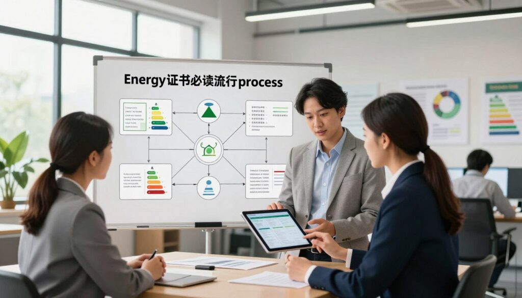 A detailed illustration of the "energy certificate preparation process," showcasing professionals in a modern office. In the foreground, a diverse team of two individuals—one male and one female—wearing professional business attire, are engaged in discussion over a digital tablet displaying data. The middle ground features a large whiteboard with diagrams and flowcharts, illustrating each step of the process. In the background, daylight streams through large windows, illuminating a sophisticated workspace filled with charts and energy efficiency resources. The atmosphere is focused and collaborative, with a warm, inviting light enhancing the professional environment. The image captures a sense of diligence and expertise in the energy certification field.