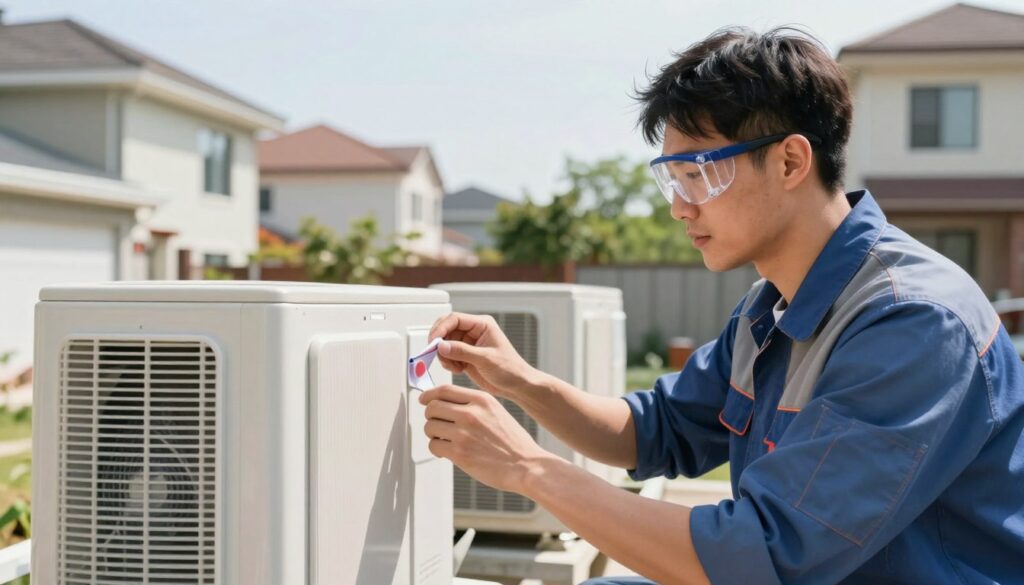 A detailed image showcasing an air conditioning installation scene. In the foreground, a technician wearing a uniform and safety goggles is examining air conditioning units. The middle ground features an outdoor setting with residential buildings, emphasizing the installation process. Bright, natural daylight illuminates the scene, enhancing visibility and details. In the background, trees and a clear sky create a peaceful atmosphere. The focus is on the technician’s engaged expressions and precise movements, conveying professionalism and expertise. The lens is set to a slight wide-angle to capture both the technician and the surrounding environment, emphasizing the context of HVAC installation while maintaining a clean and clear look without any distractions or text.