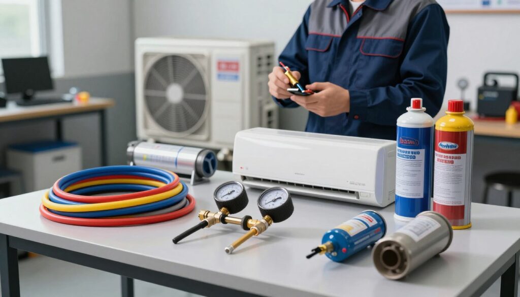 A detailed, informative scene featuring a variety of air conditioning recharge kits arranged on a sleek, modern workshop table. In the foreground, focus on bright, colorful hoses, a pressure gauge, and refrigerant canisters, showcasing different tools used for recharging AC systems. In the middle ground, include a technician in professional attire, demonstrating the use of these tools with an air conditioning unit in the backdrop, illuminated by soft overhead lights to create a clear, focused atmosphere. The background should highlight a clutter-free, organized workspace with a hint of technical equipment, adding to the sense of professionalism. The overall mood should be practical and educational, inviting viewers to consider the processes involved in recharging air conditioning systems.