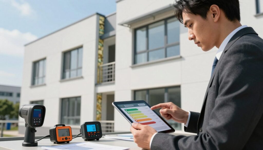 A detailed scene of a professional energy audit review of a building. In the foreground, a person in business attire examines an energy efficiency report on a tablet, their expression focused and serious. They stand near an exterior wall of a modern multi-story building, showcasing elements like windows, insulation, and shading features. In the middle ground, tools like infrared cameras, thermal imaging devices, and energy meters are placed on a table, emphasizing assessment and analysis. The background reveals a clear blue sky with soft clouds, creating a bright and inviting atmosphere. Natural light illuminates the scene from the left, casting gentle shadows that enhance depth. The overall mood conveys diligence and professionalism, inviting viewers to understand where energy escapes in buildings.