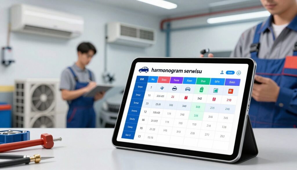 A detailed service schedule known as "harmonogram serwisu," displayed on a sleek digital tablet. In the foreground, the tablet shows a well-organized layout with colorful visual indicators for regular car and home air conditioning maintenance, including icons for checking refrigerant levels, filter replacements, and professional servicing dates. The middle layer features a professional technician in smart casual attire, analyzing the tablet, surrounded by tools and equipment relevant to HVAC systems. In the background, a bright, well-lit workshop is visible, showcasing an air conditioning unit and car air conditioning systems, conveying an atmosphere of expertise and precision. The lighting is bright and even, highlighting the clarity of the information on the tablet screen, offering a modern and informative vibe.