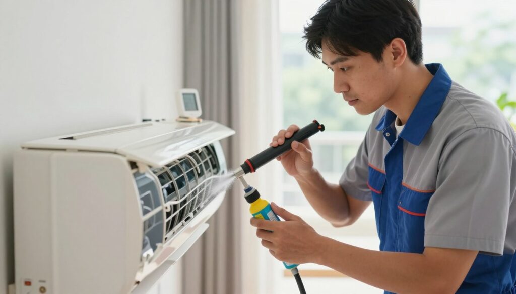 A detailed, well-lit interior view of a professional technician wearing a clean uniform, calmly inspecting and cleaning an air conditioning unit. The foreground features the technician using industry-grade tools, such as a small vacuum and specialized cleaning solutions, clearly focused on the unit. The background shows a modern living space with soft natural light streaming in through a nearby window, creating a fresh and inviting atmosphere. Subtle details, such as maintenance manuals and a digital temperature gauge, add a layer of realism. The overall mood is professional, emphasizing cleanliness and efficiency in the process of air conditioning maintenance. The composition is sharp, captured from a slightly elevated angle to showcase the technician's actions effectively. A detailed, well-lit interior view of a professional technician wearing a clean uniform, calmly inspecting and cleaning an air conditioning unit. The foreground features the technician using industry-grade tools, such as a small vacuum and specialized cleaning solutions, clearly focused on the unit. The background shows a modern living space with soft natural light streaming in through a nearby window, creating a fresh and inviting atmosphere. Subtle details, such as maintenance manuals and a digital temperature gauge, add a layer of realism. The overall mood is professional, emphasizing cleanliness and efficiency in the process of air conditioning maintenance. The composition is sharp, captured from a slightly elevated angle to showcase the technician's actions effectively.