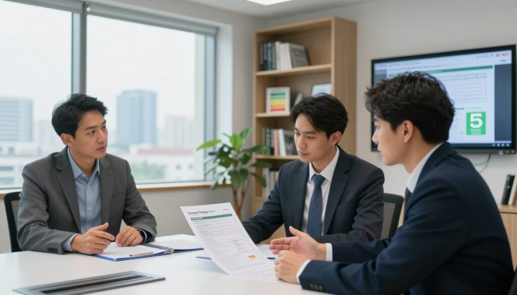 A group of energy auditors is gathered in a modern office conference room, examining detailed building energy performance certificates. The foreground features three auditors, dressed in formal business attire, studying a document presented on a sleek table. One auditor is gesturing while explaining, while the others listen attentively. In the middle ground, a large window allows natural light to fill the room, showcasing a panoramic city view. The background includes shelves with energy efficiency books and digital screens displaying energy statistics. The atmosphere is collaborative and focused, infused with a sense of professionalism and importance unique to energy auditing. The lighting is bright and inviting, emphasizing the seriousness of their work.