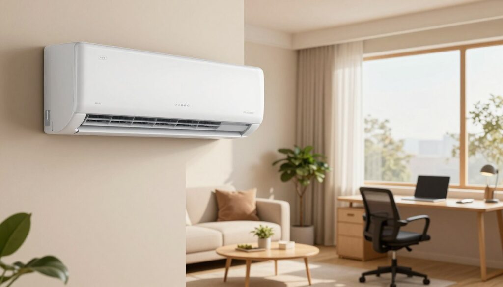 A modern indoor setting showcasing an air conditioning unit installed in a stylish living room and office workspace. In the foreground, include a sleek, wall-mounted air conditioner with a clean design. In the middle, depict a comfortable living area featuring a cozy sofa, a coffee table, and a small indoor plant. To the right, illustrate a tidy workspace with a desk, laptop, and ergonomic chair. In the background, incorporate large windows allowing natural sunlight to flood the room, creating a warm and inviting atmosphere. Use soft lighting to enhance the scene, emphasizing the comfort and efficiency of air conditioning in both home and work environments. The overall mood should evoke tranquility and modern comfort.