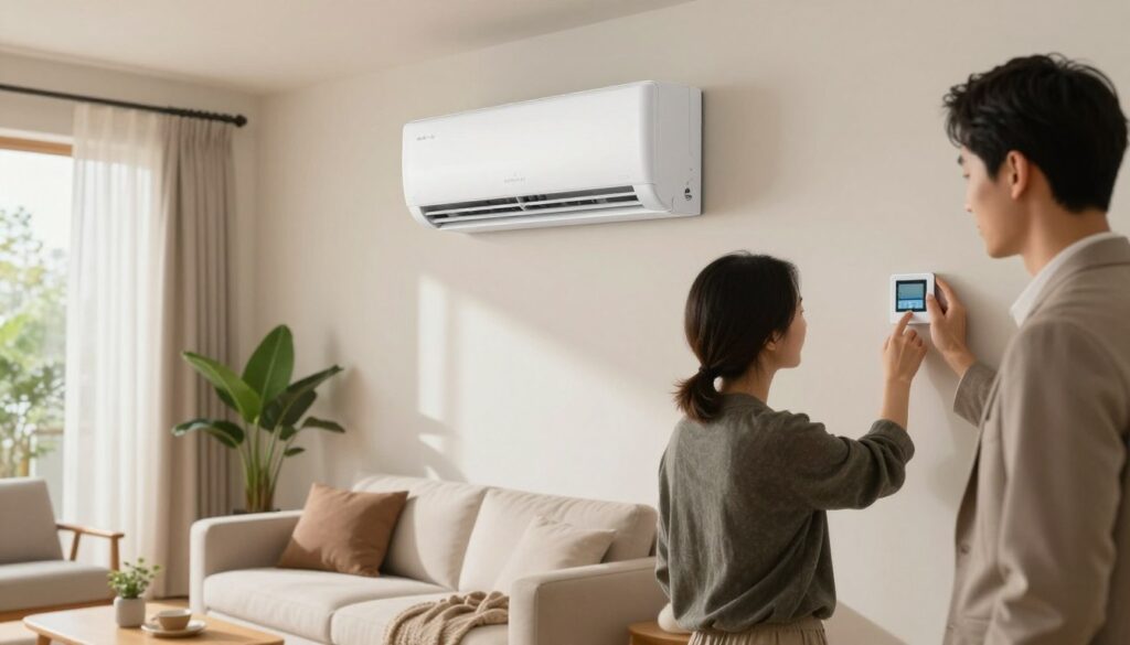 A modern living room featuring a sleek air conditioning unit installed on the wall, emphasizing comfort and air quality. In the foreground, a stylish, well-dressed individual is adjusting the thermostat on the unit, reflecting satisfaction and ease. The middle ground shows a cozy seating area with neutral-toned furnishings, a plush sofa, and indoor plants that enhance air freshness. In the background, large windows let in natural light, creating a warm and inviting atmosphere. Soft diffused lighting illuminates the space, capturing the essence of a comfortable lifestyle. The overall mood is fresh and tranquil, conveying the importance of air comfort in everyday living.