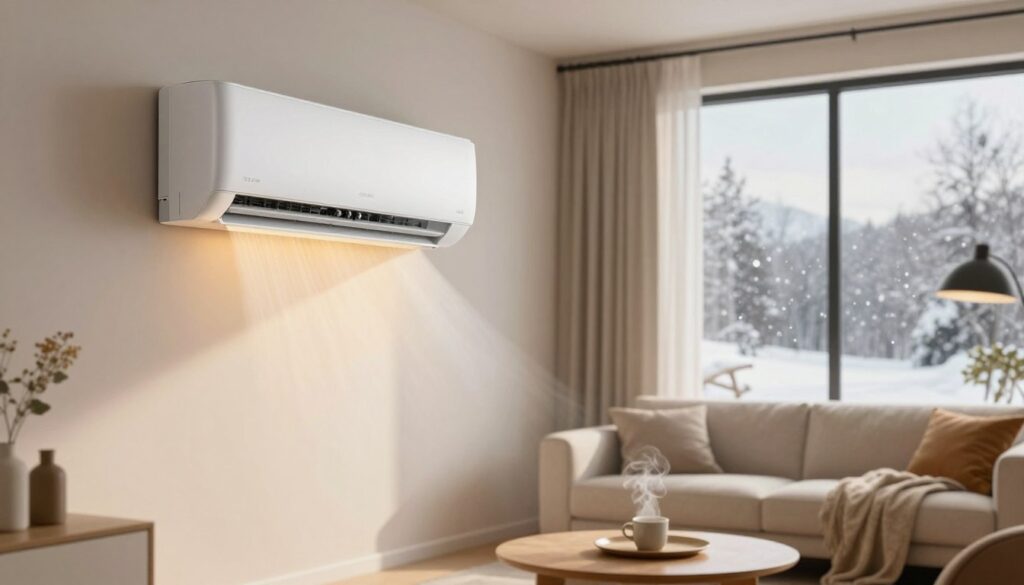 A modern living room featuring an energy-efficient air conditioning unit being used for heating. In the foreground, a sleek, minimalist air conditioner mounted on a wall with warm air visibly flowing down into the space. In the middle, a cozy area with a comfortable sofa and stylish decor, such as a coffee table with a steaming mug placed on it and a soft throw blanket. The background features large windows allowing natural light to pour in, showcasing a winter landscape outside with snow gently falling. The atmosphere is warm and inviting, highlighting the dual functionality of the air conditioner for heating during colder months. Soft, natural lighting enhances the cozy ambiance, with a shallow depth of field focusing on the air conditioner unit.