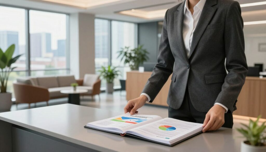 A modern office space featuring a stylish reception area designed for a business setting. In the foreground, a professional-looking businessperson in a tailored suit stands beside a sleek desk with an open binder displaying colorful energy certificate charts and documents. The middle showcases large windows letting in natural light, illuminating contemporary furniture and greenery, creating a dynamic yet welcoming atmosphere. The background includes a vibrant city skyline view, suggesting an urban location. Soft, diffuse lighting enhances the professional setting, with a slight lens blur on the edges to draw attention to the businessperson and the certificate details. The overall mood conveys professionalism, sustainability, and modern efficiency, appropriate for illustrating energy certification topics.