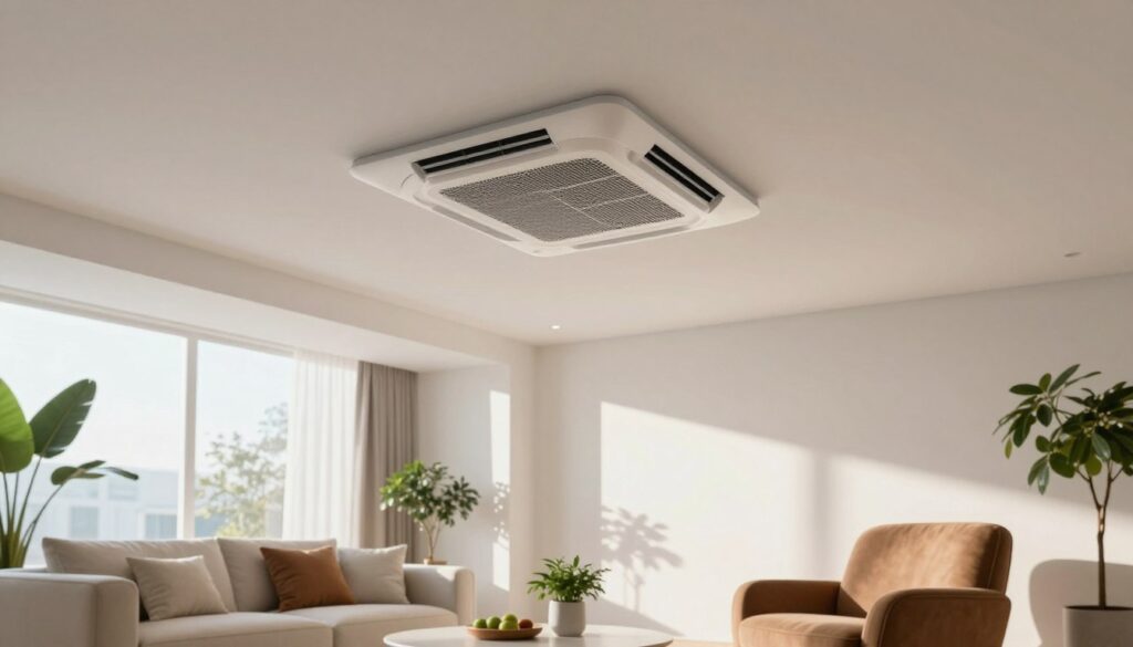 A modern, stylish room showcasing a ceiling-mounted, ductless air conditioning unit. In the foreground, a comfortable seating area with plush armchairs and a small coffee table adorned with plants creates an inviting atmosphere. The middle layer features an elegant ductless air conditioning system seamlessly integrated into the ceiling. Soft natural light filters in through large windows, illuminating the space and casting gentle shadows. The background reveals a bright, airy environment, emphasizing open space. The mood is fresh and contemporary, conveying efficiency and comfort. The perspective is from a slightly angled position to capture both the air conditioning unit and the relaxing seating arrangement, highlighting the advantages of ductless systems over traditional methods.