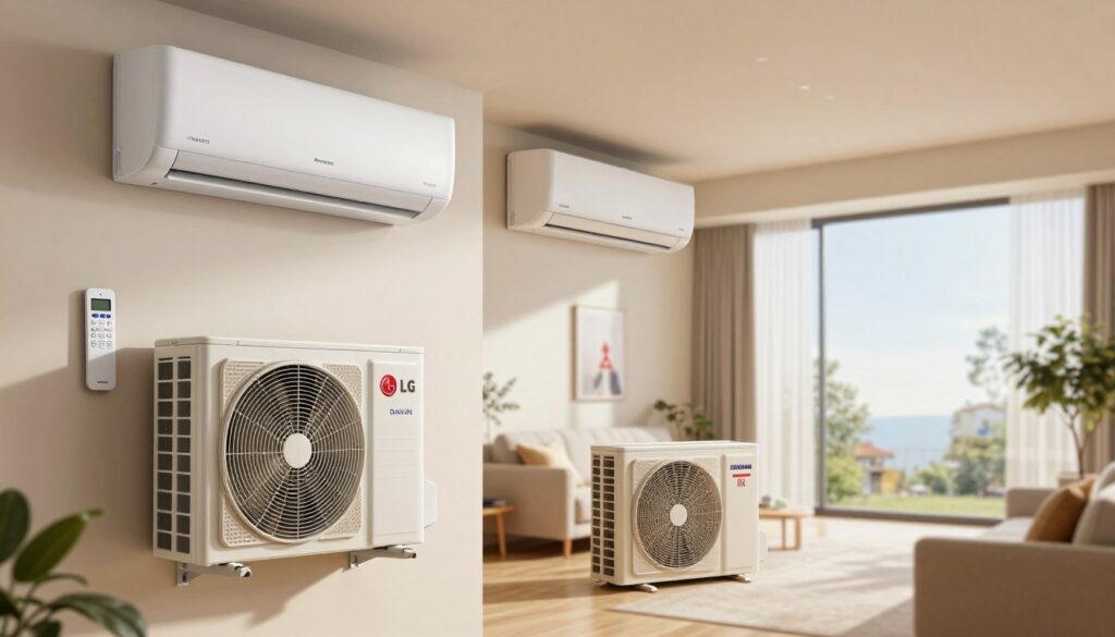 A modern, well-lit home environment showcasing various air conditioning units from brands like LG, Panasonic, Samsung, Daikin, Mitsubishi, and Fujitsu. In the foreground, a sleek LG unit is mounted on a wall with an elegant remote control beside it. In the middle ground, a stylish Panasonic unit dangles from the ceiling, while a Samsung model stands prominently on the floor. In the background, large windows allow natural light to pour in, illuminating the room's contemporary decor. The atmosphere is calm and inviting, suggesting a comfortable living space. The image is taken from a slightly elevated angle, emphasizing the functionality of the air conditioning units while highlighting the room's aesthetic appeal. Lighting should create soft shadows and a warm ambiance.