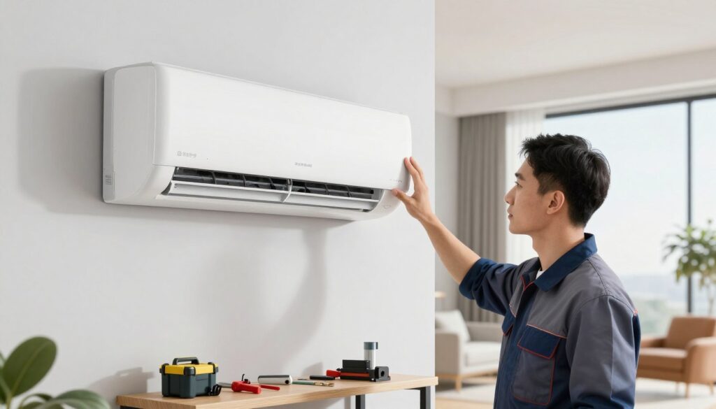 A modern, well-lit indoor setting showcasing a split air conditioning system expertly installed on a wall. In the foreground, a technician in professional attire is demonstrating the features of the split air conditioning unit, which is sleek and efficient. In the middle ground, tools and installation components are neatly arranged on a workbench, indicating ongoing installation work. The background includes a stylish room with minimalistic furniture and a large window allowing natural light to flood in, creating a bright and inviting atmosphere. The lighting is soft yet focused, enhancing the details of the air conditioning unit while conveying a sense of professionalism and efficiency in handling HVAC systems.