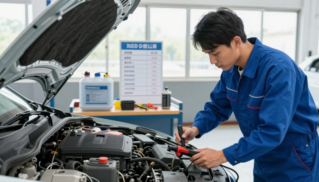 A neatly arranged automotive service station setting focused on air conditioning maintenance. In the foreground, a professional mechanic in a blue jumpsuit is inspecting a car’s air conditioning unit, using diagnostic tools. The mechanic is focused and attentive, embodying expertise. In the middle ground, a well-organized workbench features various tools and containers of refrigerant, along with an illustrated price list clearly outlining service prices for air conditioning refills and maintenance. The background shows a bright and clean workshop, with natural lighting streaming through large windows, highlighting the area. The atmosphere conveys a sense of professionalism and reliability, suitable for informing customers about AC service costs in cars.