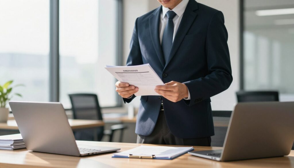 A professional auditor stands confidently in a modern office setting, dressed in a smart business suit. In the foreground, the auditor is reviewing energy certification documents while using a digital tablet, showcasing their expertise in the field. In the middle ground, a stack of folders and a laptop hint at their meticulous work environment, symbolizing organization and diligence. The background features a sleek office design with large windows allowing natural light to flood the room, casting soft shadows for a warm atmosphere. The overall mood is one of professionalism and authority, emphasizing the importance of qualifications in issuing energy certificates, capturing a sense of trust and reliability in the auditor's role.