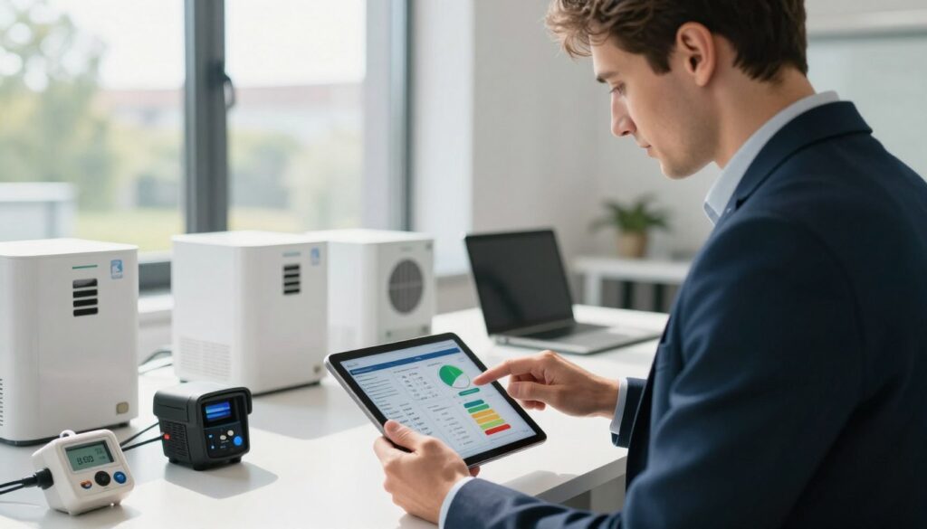 A professional energy auditor evaluating a building's energy efficiency. In the foreground, a young adult wearing business attire is examining a digital tablet, which displays data and graphs. The middle ground shows a modern office environment with energy-saving appliances and tools like thermal imaging cameras and energy meters laid out. In the background, large windows reveal a sunny day, casting natural light into the room, enhancing the atmosphere of optimism and professionalism. The scene is bright and well-lit, creating a sense of trust and competence. The angle is slightly angled down, focusing on the auditor's interaction with the tablet and surroundings, offering a clear, informative view of the process of becoming an energy auditor in Poland.