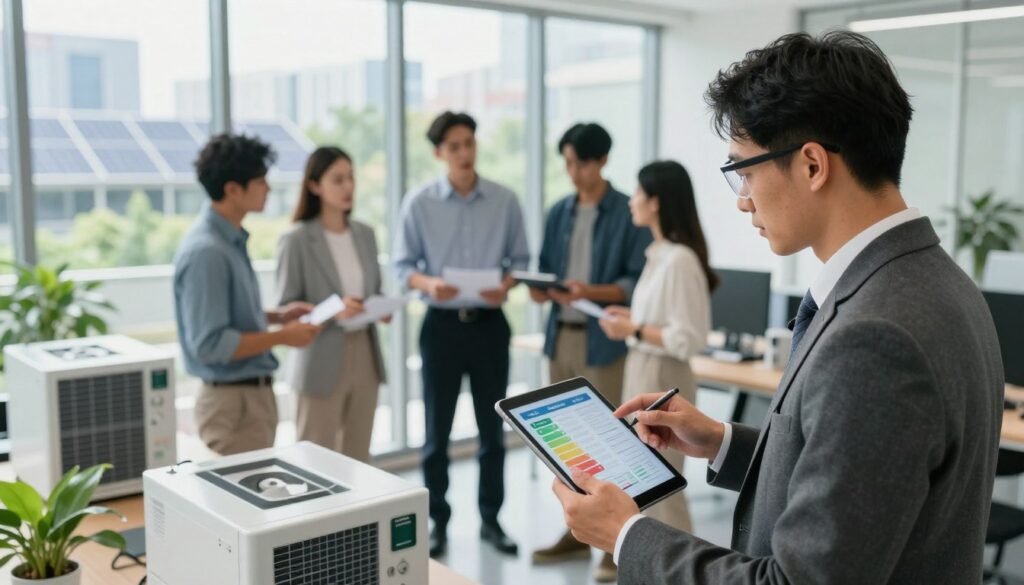 A professional energy auditor examining energy efficiency in a modern office setting. In the foreground, a focused auditor in business attire, holding a tablet and wearing safety glasses, analyzes data on energy consumption. In the middle, a group of diverse colleagues engaged in discussion, surrounded by energy-efficient equipment and documents. The background features a large window with natural light pouring in, showcasing a cityscape with solar panels and greenery outside. The atmosphere is collaborative and forward-thinking, emphasizing teamwork and innovation in energy auditing. The scene is bright and clear, with soft shadows to create a professional yet approachable mood, captured from a slightly elevated angle to provide depth.