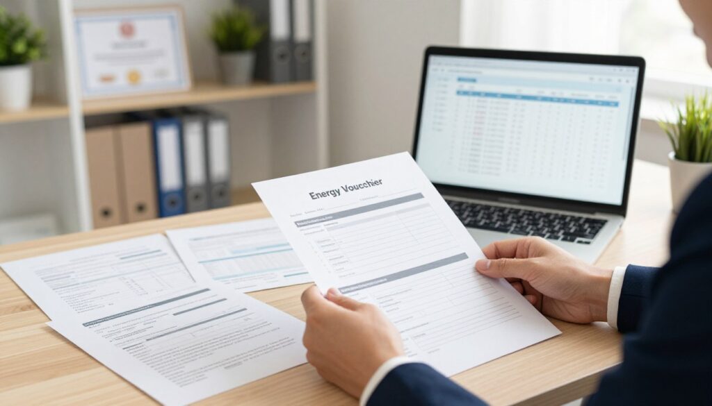 A professional indoor office environment featuring a neatly organized desk with essential documents for an energy voucher application. In the foreground, a pair of hands, dressed in smart business attire, holds a filled-out application form ready for submission. On the desk, there are various documents like proof of income, utility bills, and identification. In the middle ground, a laptop is open, displaying a digital checklist of required attachments. The background shows a well-lit office with shelves containing potted plants and certificates, conveying a sense of order and professionalism. Soft, natural lighting filters through a window, creating a warm atmosphere that emphasizes diligent preparation and responsibility.