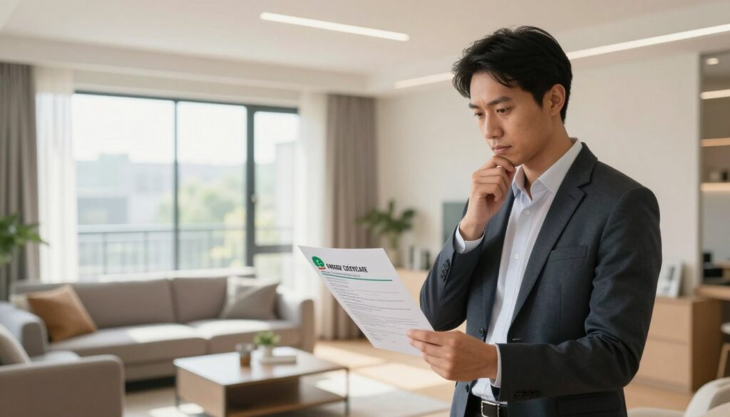 A professional landlord standing in a modern, well-lit rental apartment, examining an energy certificate document in their hands. The foreground features the landlord, dressed in smart business attire, looking thoughtful and responsible. In the middle, a neatly arranged living space showcases contemporary furniture, emphasizing comfort and energy efficiency, such as LED lighting fixtures and insulated windows. In the background, a large window reveals a bright, sunny day outside, symbolizing transparency and warmth in rental practices. Soft natural light filters through the window, creating an inviting atmosphere. The overall mood conveys a sense of duty and compliance with energy regulations, highlighting the importance of energy certificates in the rental process.
