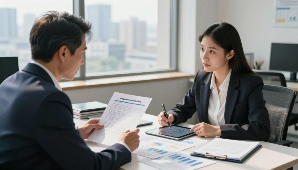 A professional meeting scene in a well-lit real estate office, focusing on a detailed discussion between two individuals. In the foreground, a middle-aged man in a sharp suit is reviewing a document titled "Energy Performance Certificate," while a young woman in business casual attire is taking notes on a tablet, displaying an engaged expression. In the middle, a modern desk cluttered with graphs, charts, and references to property regulations. The background features a large window with a city skyline view, emphasizing a sense of professionalism and urban life. Soft, natural lighting fills the room, casting gentle shadows, creating a serious yet optimistic atmosphere about property transactions and their implications.