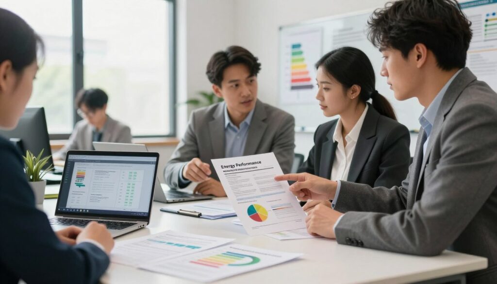 A professional office environment showcasing the process of energy performance certification. In the foreground, a neatly organized desk with documents, a laptop displaying analytical data, and a detailed energy certificate outline. In the middle, a diverse group of professionals—two men and a woman—wearing business attire, engaged in discussion over the energy performance certificate, pointing at charts and graphs. The background features a large window with natural light streaming in, illuminating the office space, and a whiteboard filled with diagrams of energy efficiency processes. The mood is focused and collaborative, emphasizing professionalism and meticulous attention to detail. Use soft lighting to create a welcoming atmosphere. The angle should be slightly elevated, capturing both the people and their work environment effectively.