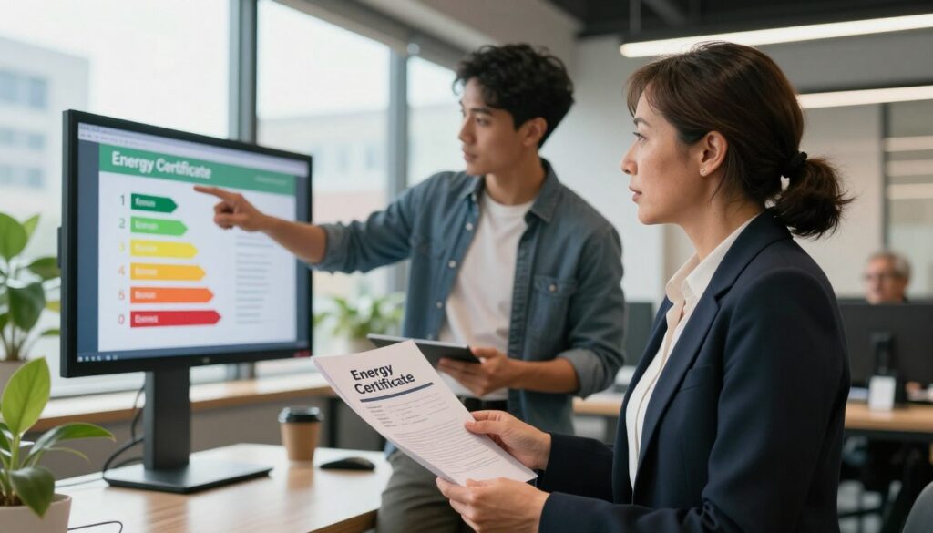 A professional office setting depicting a diverse group of three individuals engaged in a discussion about energy performance certificates. In the foreground, a middle-aged woman in business attire holds a document labeled "Energy Certificate," with a focused expression. In the middle ground, a young man gestures towards a digital display showing energy efficiency graphics, while an older man listens attentively, suggesting collaboration and seriousness. The background features a modern office with large windows letting in natural light, plants, and a cityscape visible outside. The atmosphere feels professional yet approachable, conveying the importance of energy certification in property ownership. Soft, warm lighting enhances the mood, suggesting a sense of responsibility and awareness in sustainable practices. A professional office setting depicting a diverse group of three individuals engaged in a discussion about energy performance certificates. In the foreground, a middle-aged woman in business attire holds a document labeled "Energy Certificate," with a focused expression. In the middle ground, a young man gestures towards a digital display showing energy efficiency graphics, while an older man listens attentively, suggesting collaboration and seriousness. The background features a modern office with large windows letting in natural light, plants, and a cityscape visible outside. The atmosphere feels professional yet approachable, conveying the importance of energy certification in property ownership. Soft, warm lighting enhances the mood, suggesting a sense of responsibility and awareness in sustainable practices.