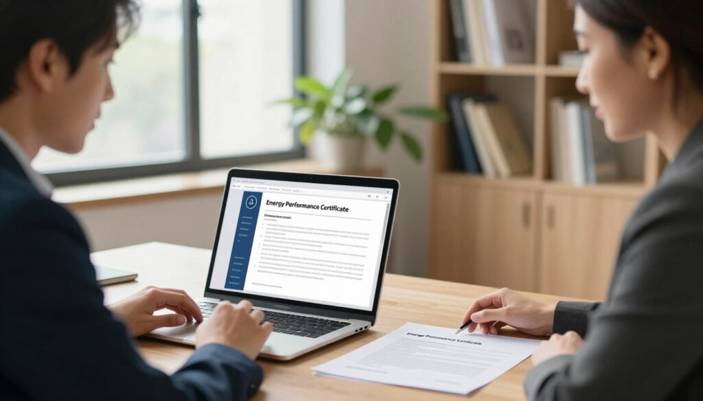 A professional office setting depicting two individuals, a man and a woman, both dressed in smart business attire, engaged in a discussion. In the foreground, a table with a laptop open, showing an electronic document titled "Energy Performance Certificate" on the screen. To the side, a printed paper version of the same document lies neatly, emphasizing the choice between electronic and paper formats. In the middle, a window allows natural light to illuminate the scene, creating a warm and inviting atmosphere, while a potted plant adds a touch of greenery. In the background, shelves filled with books and files suggest an organized workspace. The composition should highlight the importance of document retrieval in a professional context.
