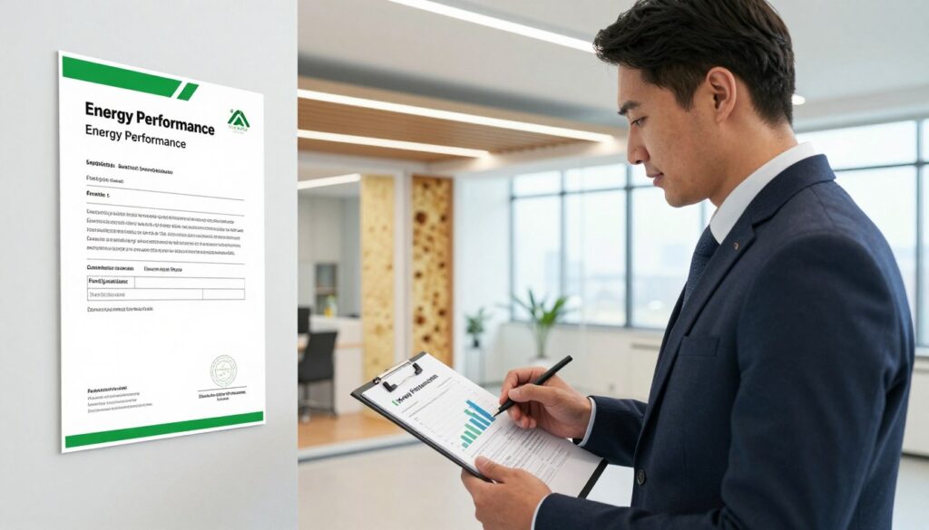 A professional setting depicting a detailed energy audit and energy performance certificate process. In the foreground, feature an energy auditor, a man in a smart business suit, examining a clipboard filled with graphs and data. He stands next to a large, clearly marked energy performance certificate on the wall. In the middle, showcase an open floor plan of a modern office or home, highlighting energy-efficient features like LED lighting and insulation materials. The background should show a window with natural light, creating a bright, optimistic atmosphere reflecting sustainability. Use a slight overhead angle to capture both the auditor’s focused expression and the detailed paperwork. The mood should be serious yet hopeful, conveying the importance of energy efficiency in modern architecture.