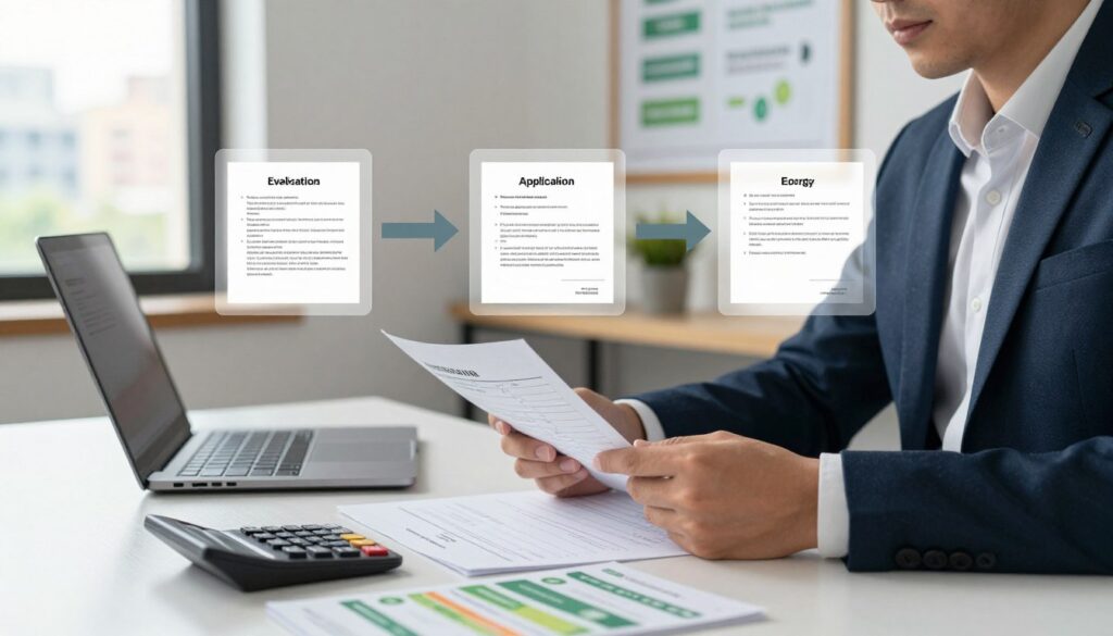 A professional setting depicting a step-by-step process to obtain an energy certificate. In the foreground, an individual in business attire is reviewing a checklist and paperwork on a sleek desk, surrounded by a laptop, a calculator, and energy efficiency pamphlets. In the middle ground, a semi-transparent flowchart illustrates the key steps of obtaining the certificate, such as evaluation, application, and approval stages. The background showcases a well-lit office environment with a bulletin board displaying energy-saving tips and a window revealing a sunny cityscape. Soft, natural lighting creates a productive and focused atmosphere, with a balanced composition that emphasizes order and clarity in the process. A professional setting depicting a step-by-step process to obtain an energy certificate. In the foreground, an individual in business attire is reviewing a checklist and paperwork on a sleek desk, surrounded by a laptop, a calculator, and energy efficiency pamphlets. In the middle ground, a semi-transparent flowchart illustrates the key steps of obtaining the certificate, such as evaluation, application, and approval stages. The background showcases a well-lit office environment with a bulletin board displaying energy-saving tips and a window revealing a sunny cityscape. Soft, natural lighting creates a productive and focused atmosphere, with a balanced composition that emphasizes order and clarity in the process.