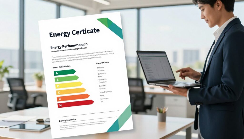 A professional setting featuring a detailed energy performance certificate prominently displayed in the foreground. The document is elegantly designed with colorful graphics illustrating energy efficiency metrics. In the middle ground, a clean and modern office environment is depicted, with a smartly dressed individual (business attire) holding a laptop, reviewing data on energy regulations. In the background, large windows reveal a bright, sunny day to create an energetic and positive atmosphere. The lighting is bright and natural, enhancing the clarity of the certificate and the professionalism of the scene. The overall mood is informative and engaging, emphasizing the importance of energy certificates in compliance with regulations. A professional setting featuring a detailed energy performance certificate prominently displayed in the foreground. The document is elegantly designed with colorful graphics illustrating energy efficiency metrics. In the middle ground, a clean and modern office environment is depicted, with a smartly dressed individual (business attire) holding a laptop, reviewing data on energy regulations. In the background, large windows reveal a bright, sunny day to create an energetic and positive atmosphere. The lighting is bright and natural, enhancing the clarity of the certificate and the professionalism of the scene. The overall mood is informative and engaging, emphasizing the importance of energy certificates in compliance with regulations.