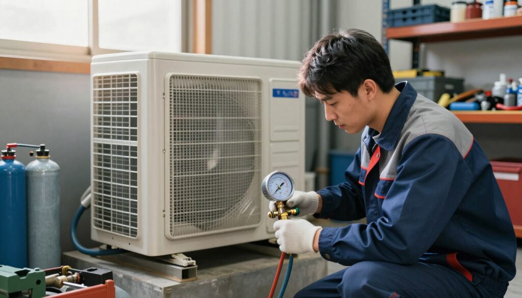 A professional technician in a clean, well-lit garage is servicing an air conditioning unit, focusing on the process of recharging it. In the foreground, the technician, dressed in a neat work uniform, is connecting a gauge manifold to the AC system, surrounded by tools and equipment for HVAC repair. In the middle ground, the air conditioning unit is prominently displayed, showcasing its components, including hoses and refrigerant canisters. The background features shelves stocked with tools and supplies, hinting at a professional workshop atmosphere. Soft, natural light filters in through a window, casting a warm glow on the scene. The overall mood is one of precision and expertise, reflecting the importance of proper handling and maintenance of air conditioning systems.