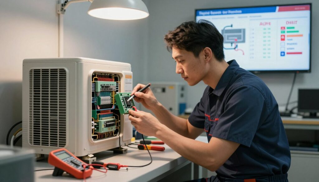A professional technician in a clean, well-lit workshop, examining an air conditioning unit. The technician, dressed in smart casual attire, is inspecting a circuit board, surrounded by tools and equipment like screwdrivers and a multimeter on a workbench. In the background, a visual display board illustrates typical air conditioning issues, with charts depicting price ranges for repairs in Poland. The atmosphere is focused and professional, with warm overhead lighting emphasizing the details of the technician’s work. Capture the essence of repair work with a clear view of the air conditioning unit and the technician, showcasing the topic of AC repair costs and common issues. A professional technician in a clean, well-lit workshop, examining an air conditioning unit. The technician, dressed in smart casual attire, is inspecting a circuit board, surrounded by tools and equipment like screwdrivers and a multimeter on a workbench. In the background, a visual display board illustrates typical air conditioning issues, with charts depicting price ranges for repairs in Poland. The atmosphere is focused and professional, with warm overhead lighting emphasizing the details of the technician’s work. Capture the essence of repair work with a clear view of the air conditioning unit and the technician, showcasing the topic of AC repair costs and common issues.